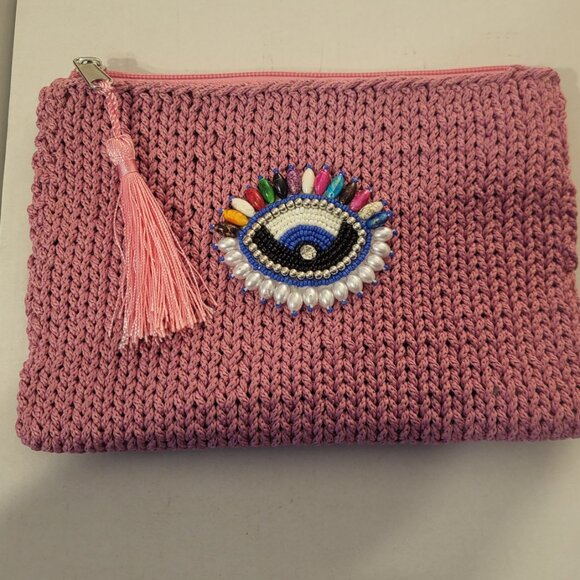 ISLAND BLISS HANDMADE IN GREECE CROCHET PINK EVIL EYE PURSE Clutch With Tassel - Picture 1 of 7